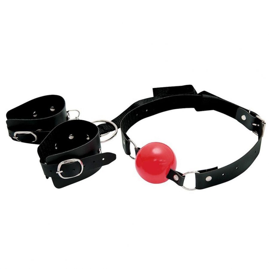 Kit Bracelete Bondage em Couro Com Mordaça Bola