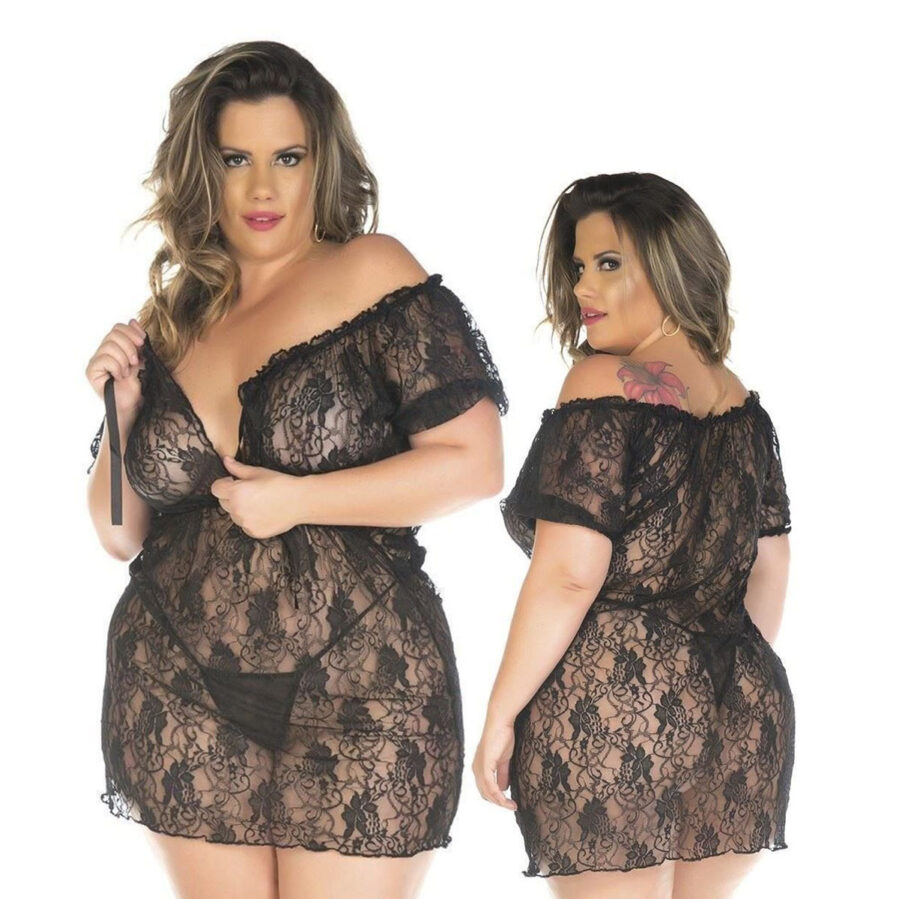 Camisola Plus Size Ciganinha Renda Ombro a Ombro com Calcinha