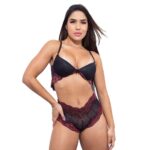 Conjunto Rendado Com Bojo Calcinha Caleçon Empina Bumbum